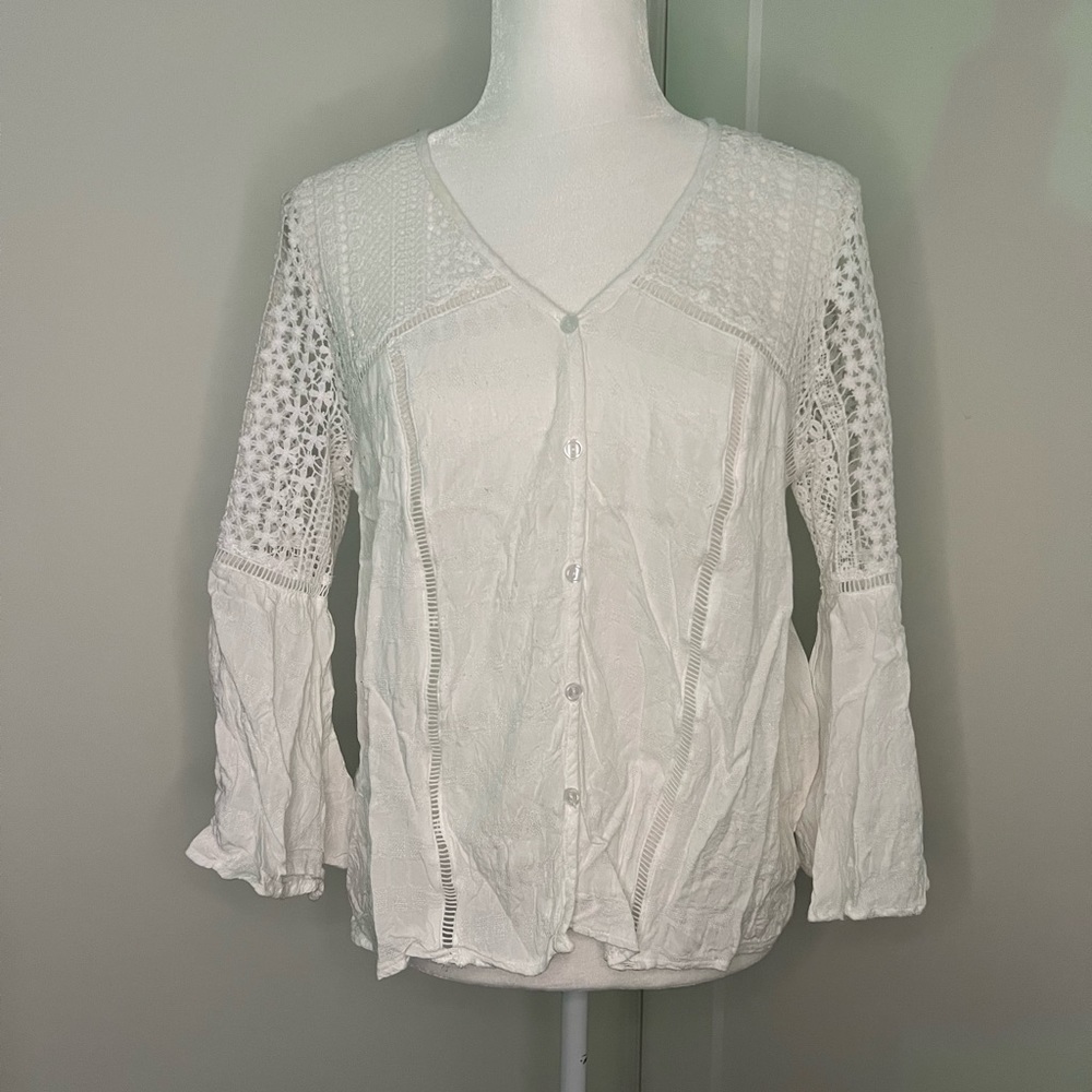 White Lace Button Down Bell Sleeve Top